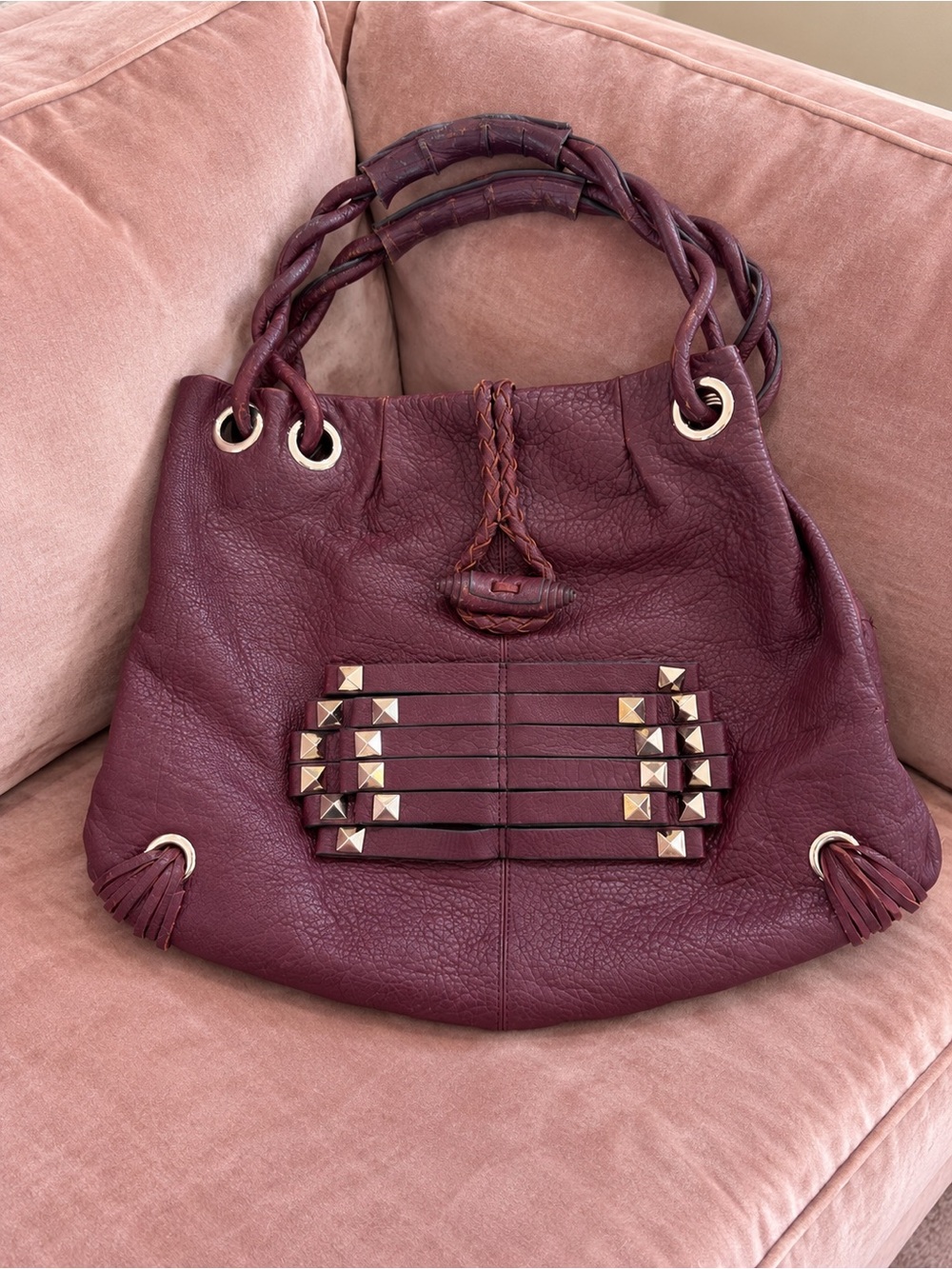 Hype Plum Purple Pebbled Leather Studded Hobo Shoulder Bag